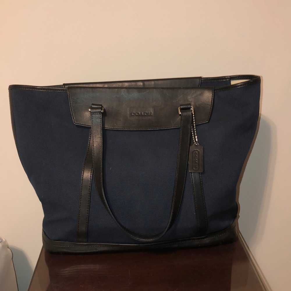 Coach large tote bag. Navy blue canvas black leather trim